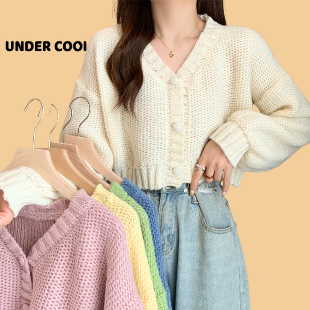 Áo cardigan len Croptop cúc bọc UNDERCOOL nữ tính chất len dày dặn màu Trắng, Hồng, Xanh, vàng