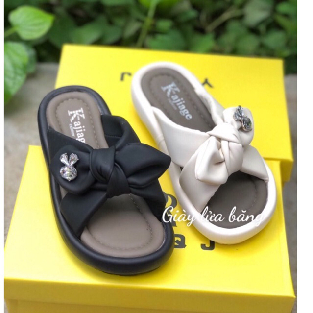 Dép nữ quai chéo đế siêu êm 2p tiện lợi quai dán Min và quai nơ đá thỏ xinh Kajjiga