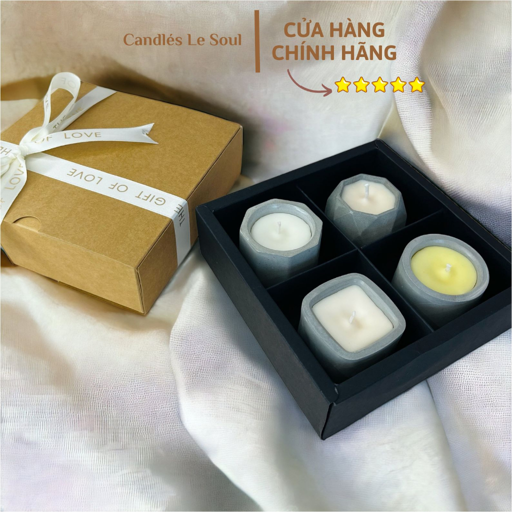 Nến thơm mini LE SOUL cốc xi măng cao cấp, Candle cup Handmade, Sáp đậu nành Tinh dầu thiên nhiên, 50g với 4 mùi hương