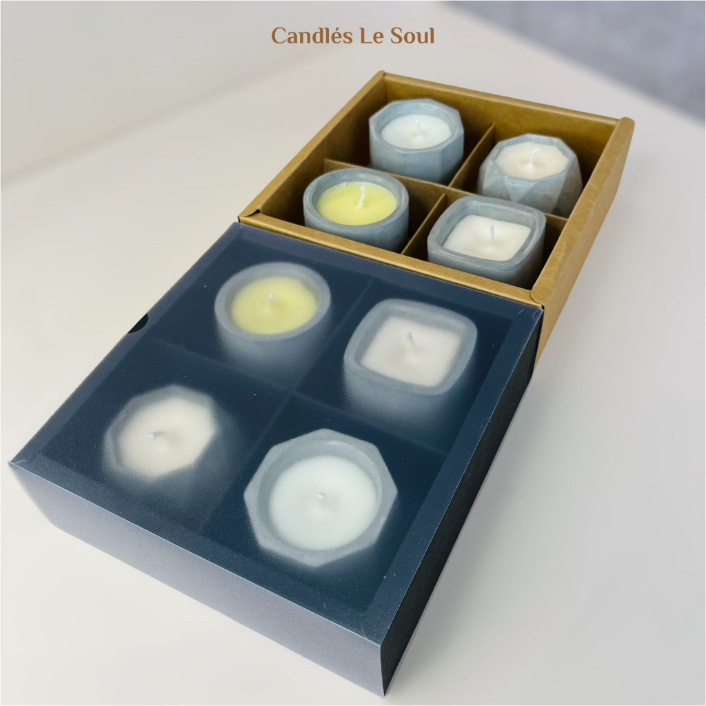 Nến thơm mini LE SOUL cốc xi măng cao cấp, Candle cup Handmade, Sáp đậu nành Tinh dầu thiên nhiên, 50g với 4 mùi hương