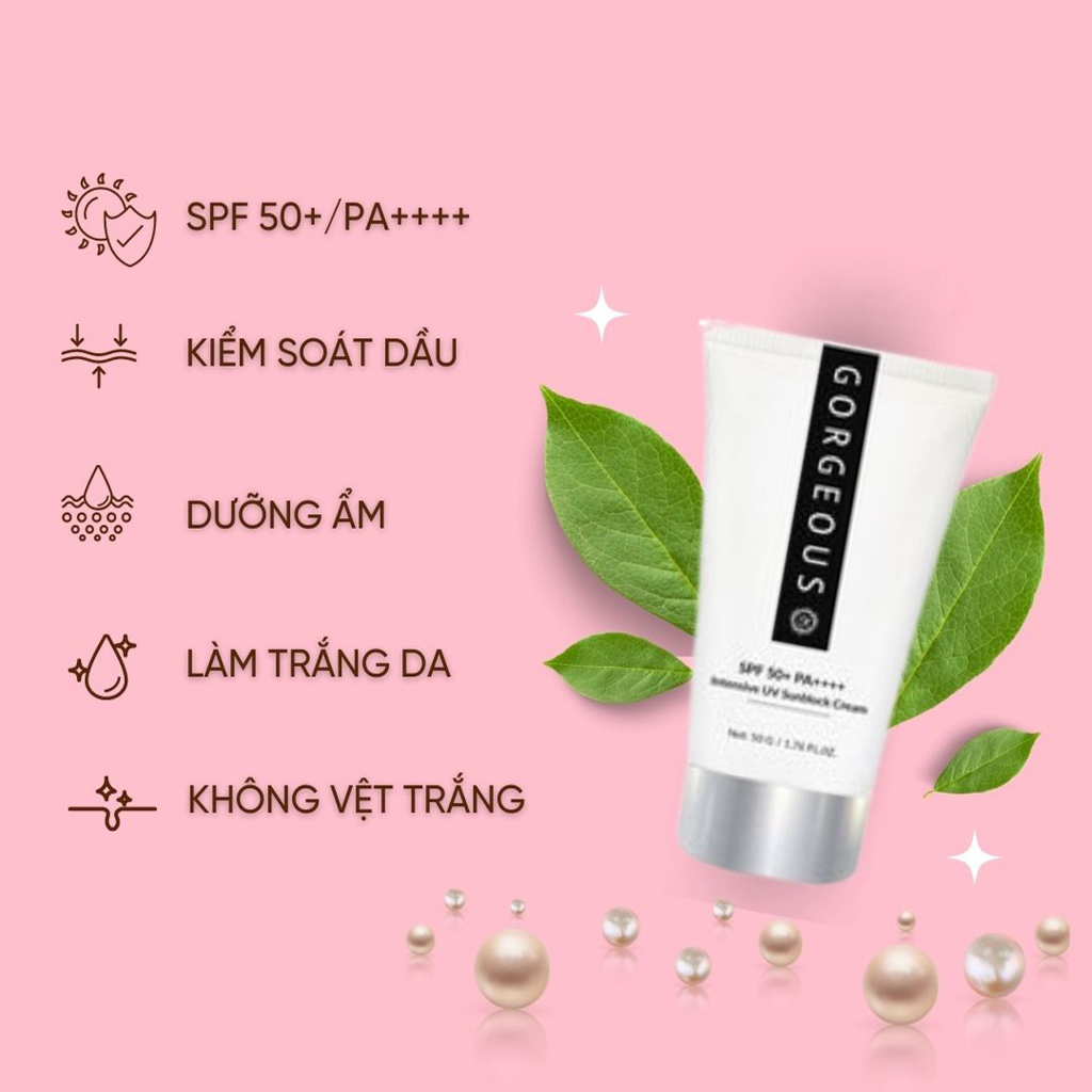 Kem chống nắng múi xù gorgeous trắng da, nâng tone, chống nước lâu trôi tuýp SPF50+PA+++