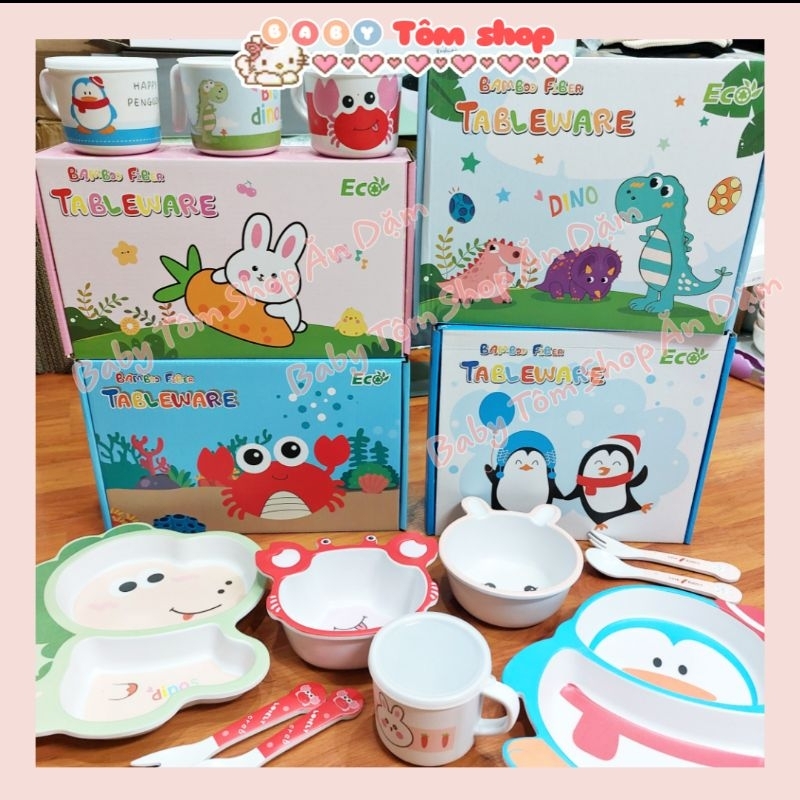 Bát ăn dặm sợi tre size nhỏ 150ml hình con vật ngộ nghĩnh cho bé, Baby Tôm, set khay bát cốc thìa dĩa cho bé