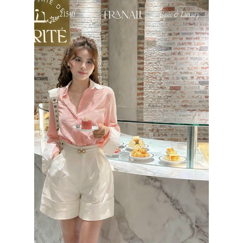 Set áo sơ mi tay phối màu mix quần đùi lưng cao
