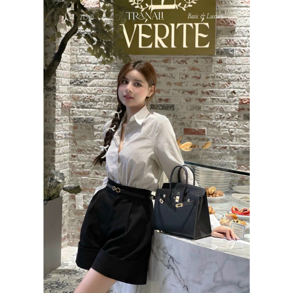 Set áo sơ mi tay phối màu mix quần đùi lưng cao