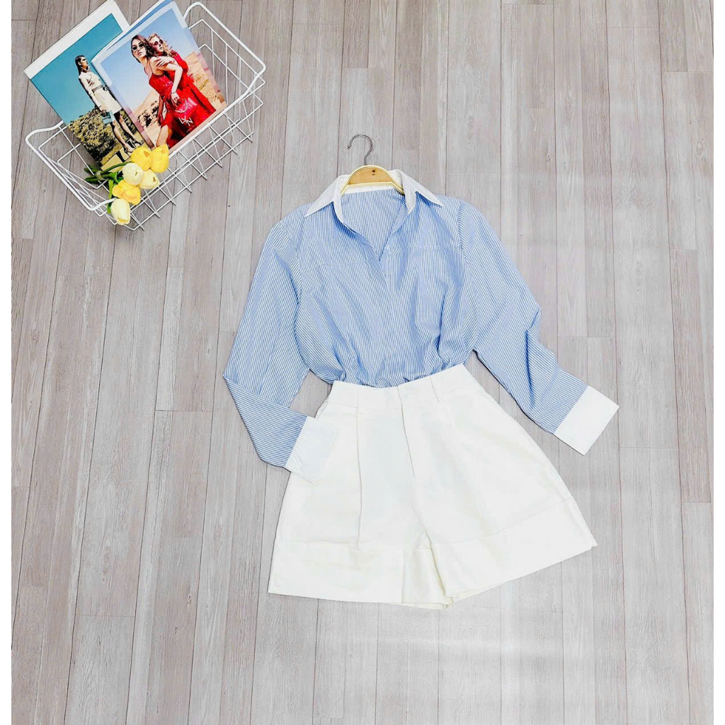 Set áo sơ mi tay phối màu mix quần đùi lưng cao