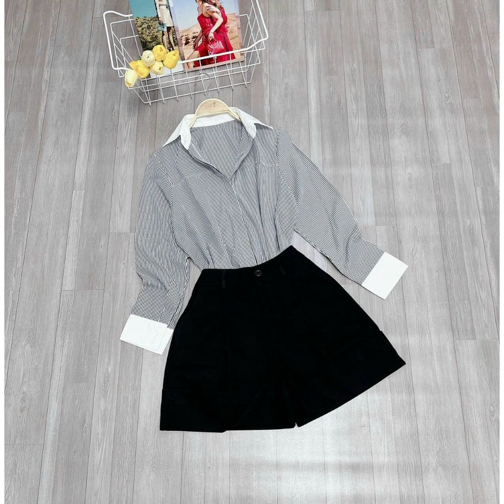 Set áo sơ mi tay phối màu mix quần đùi lưng cao