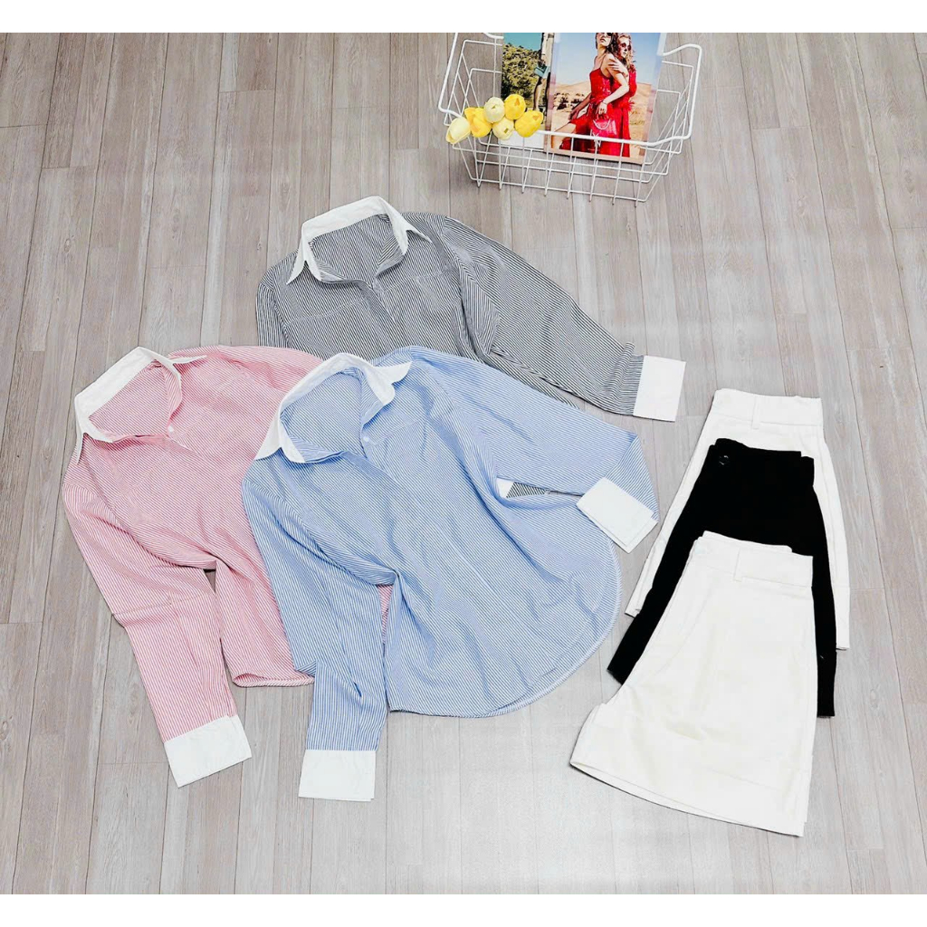 Set áo sơ mi tay phối màu mix quần đùi lưng cao