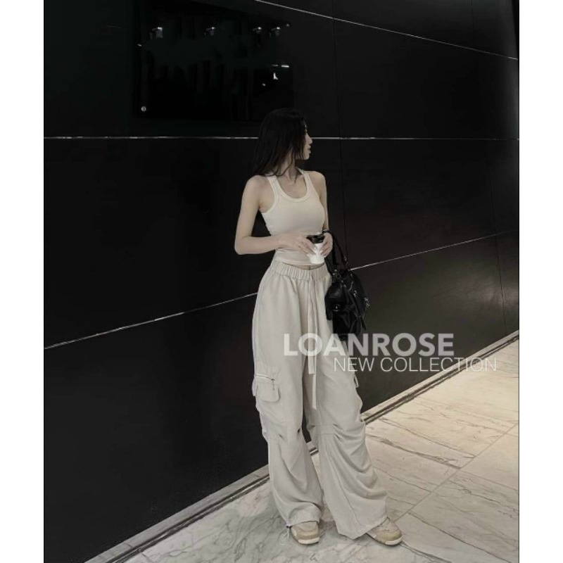 Set bộ đồ nữ thời trang áo thun gân phối quần cotton lạnh ống rộng có túi 2 màu như hình,