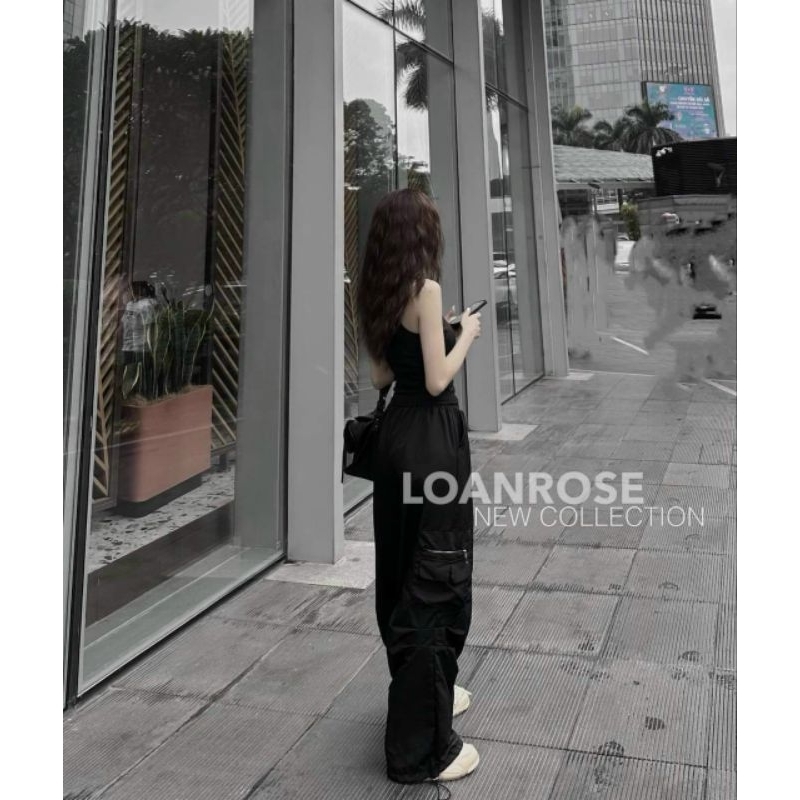 Set bộ đồ nữ thời trang áo thun gân phối quần cotton lạnh ống rộng có túi 2 màu như hình,