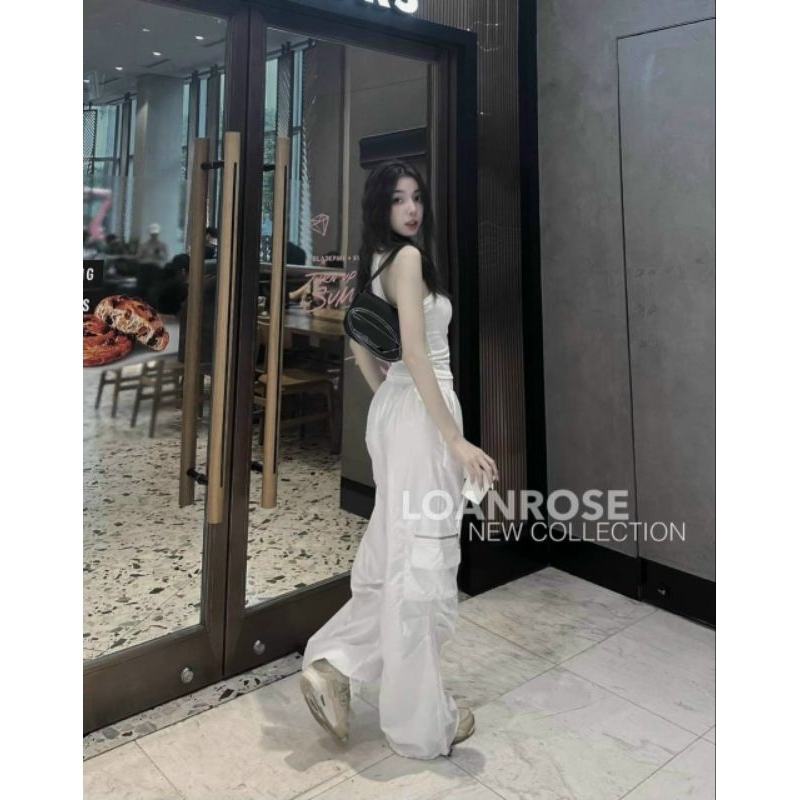 Set bộ đồ nữ thời trang áo thun gân phối quần cotton lạnh ống rộng có túi 2 màu như hình,