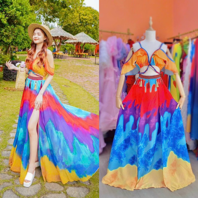Đầm maxi chiffon loang nhiều màu tua thổ cẩm hở eo ngực xẻ đùi, váy dài 2 dây rớt vai, thời trang đi chơi biển du lịch