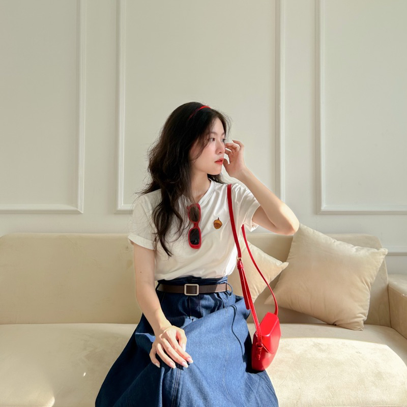 Chân váy jean dài form A viền chỉ nồi