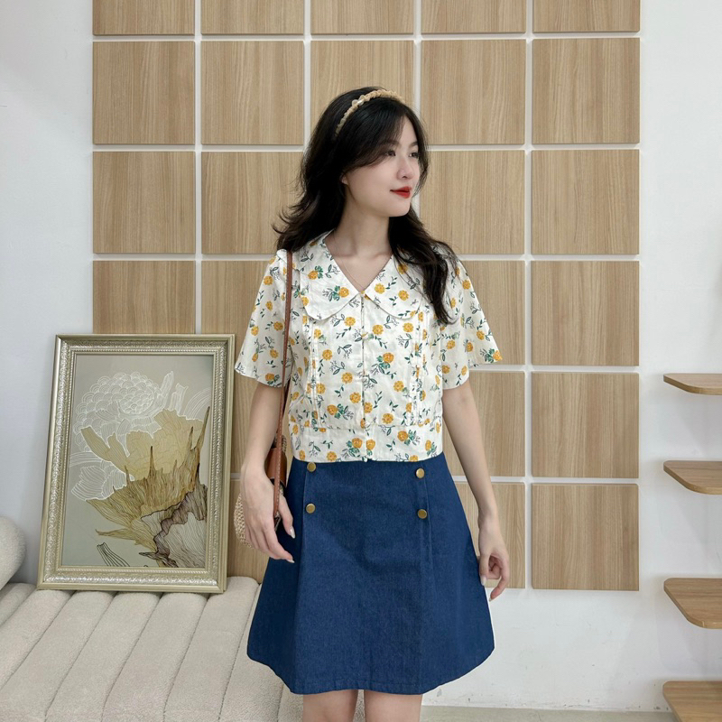 Sơ mi chất thô mềm dáng croptop cổ cách điệu (SƠMI SEN)