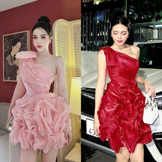 Đầm tơ nhũ đỏ đen trắng hồng lệch chéo vai nơ, váy ngắn bồng bềnh tiểu thư công chúa sang trọng quý phái đi dự tiệc cưới
