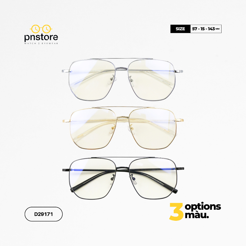 Gọng kính vuông kim loại D29171 nam nữ PNSTORE tròng kính chống ánh sáng xanh