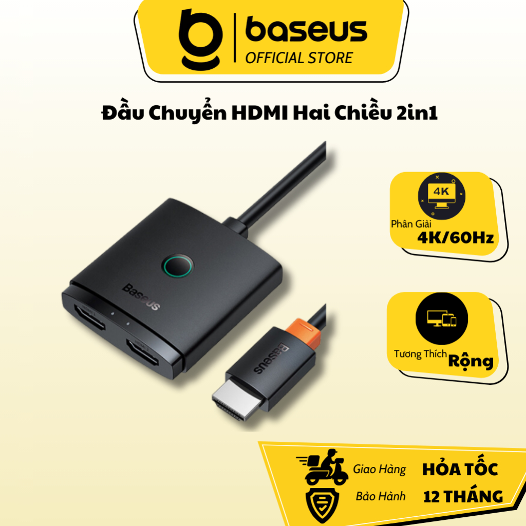Đầu Chuyển HDMI Cáp Đúc Liền 1m Chia Cổng 2 Chiều Baseus Airjoy 2 in 1 HDMI Switch 4K/60Hz Tương Thích Rộng