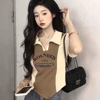 Áo thun sơmi cổ bẻ in chữ Ronded , Áo kiểu cổ polo vạt xéo phối màu