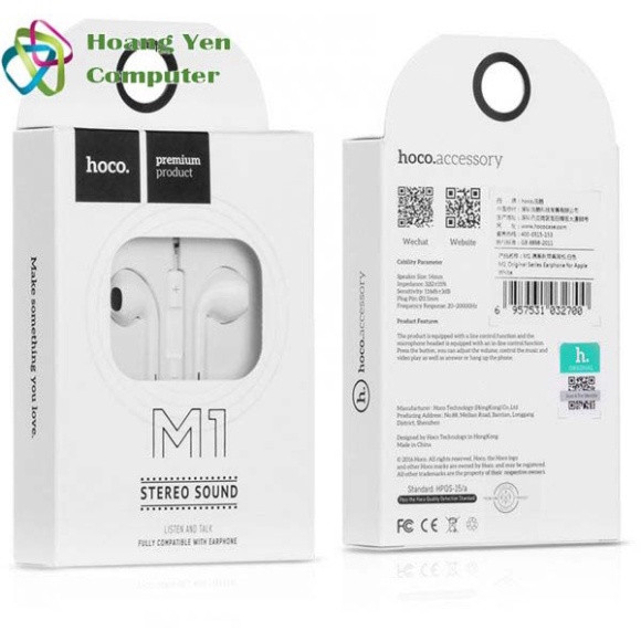 Tai Nghe Nhét Hô Cô M1 Sử Dụng Jack Chân Tròn 3.5mm, Âm Thanh Chất Lượng, Có Míc Đàm Thoại