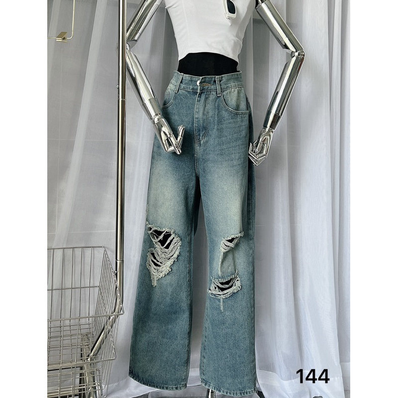 Quần Jean Nữ Bigsize Lưng Cao Ống Rộng Rách Kiểu Thời Trang Cực Đẹp Ms144
