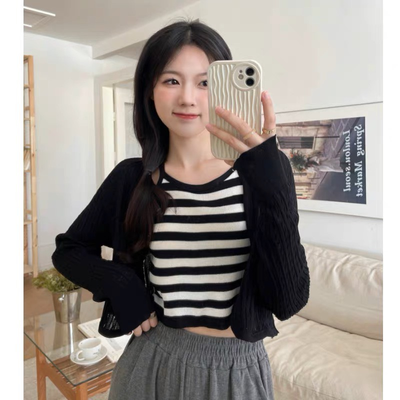 Set Áo Cardigan Kèm Áo Kẻ Quảng Châu, Dáng Basic, Loại 1