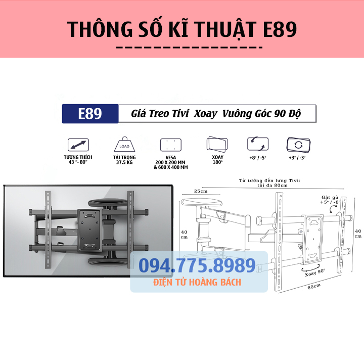 Giá Treo Tivi Xoay Vuông Góc 90 Độ ErgoTek E89 - Giá Treo Tivi Đa Năng 43 - 80 Inch