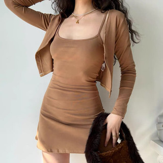 Set đầm hai dây ôm body + áo khoác siêu dày dặn 3 màu