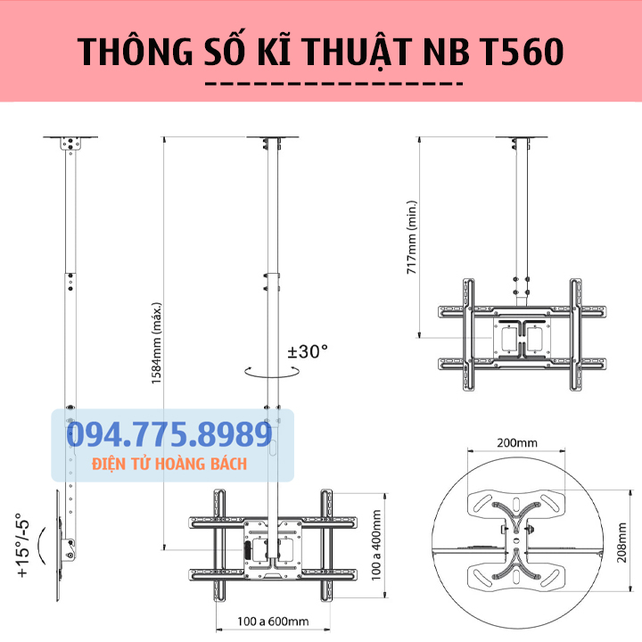 Giá Treo Tivi Thả Trần NB T560 32 - 75 Inch / TR32 32 - 43 Inch - Khung Treo Tivi Ngược Trần Nhà