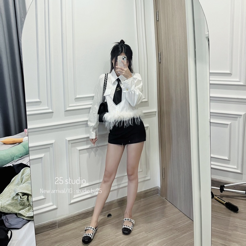 SET ÁO SƠ MI LÔNG VŨ KÈM QUẦN GIẢ VÁY UMI | by25.housing