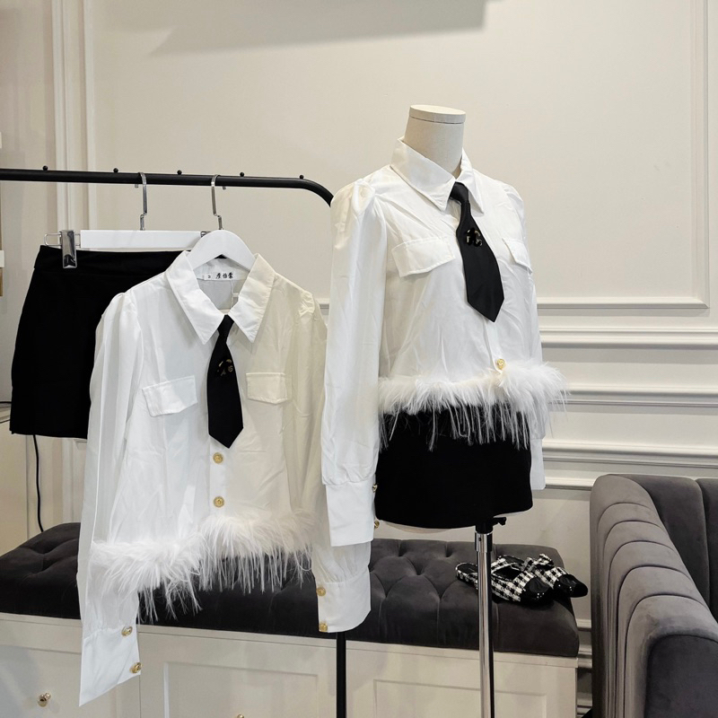 SET ÁO SƠ MI LÔNG VŨ KÈM QUẦN GIẢ VÁY UMI | by25.housing