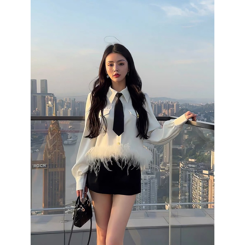 SET ÁO SƠ MI LÔNG VŨ KÈM QUẦN GIẢ VÁY UMI | by25.housing