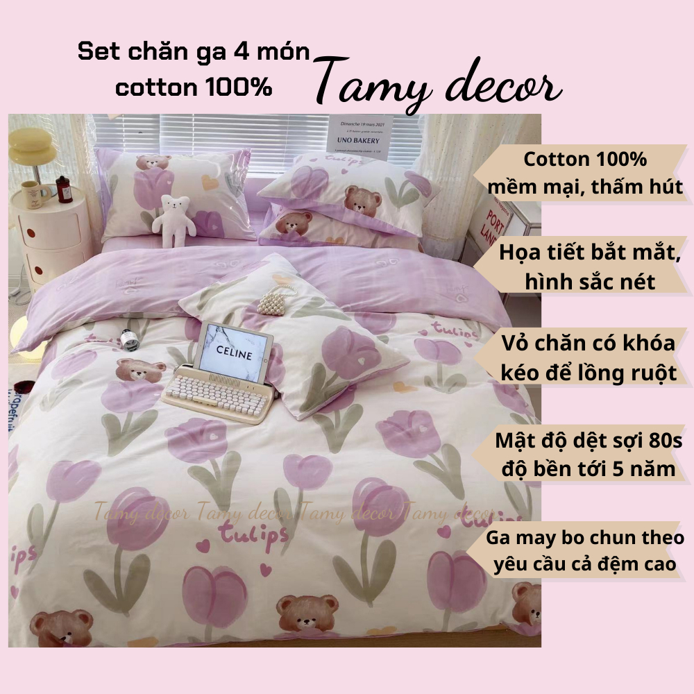 BST Bộ Chăn Ga Gối Cotton 100% Hình Hoa Lá Tamy Decor Chất Mềm Mại Thấm Hút Mồ Hôi Vỏ Chăn Lồng Được Ruột