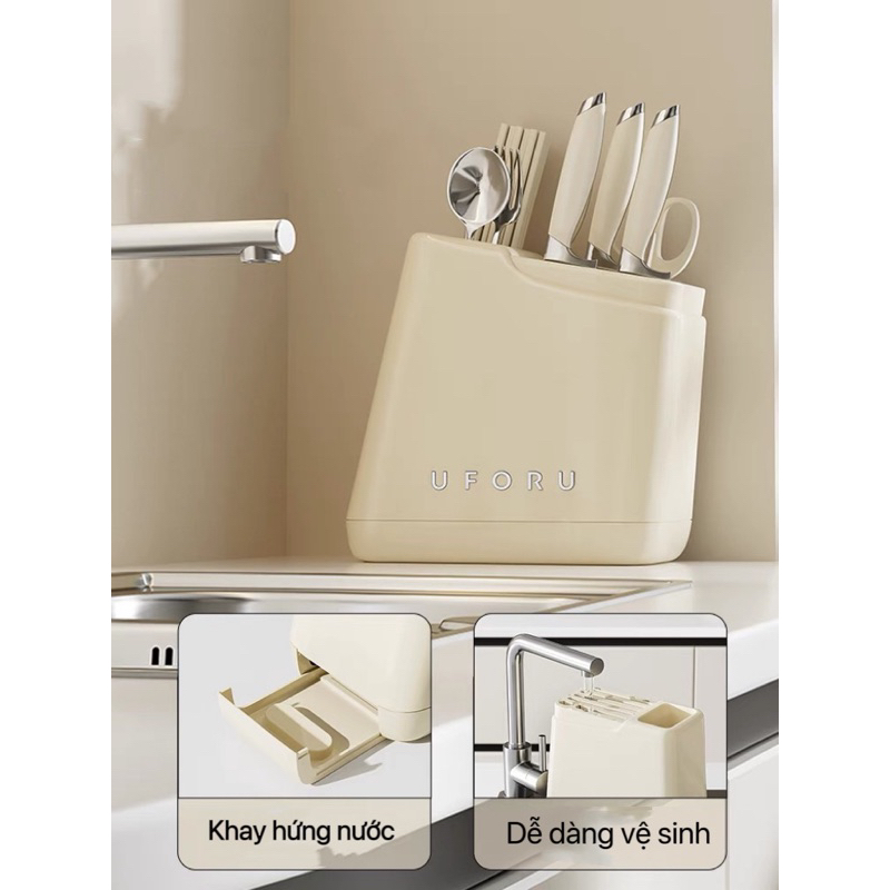 Kệ để dao kéo UFORU hình thang tặng kèm thỏ màu kem. Giá để dao, kéo, đũa, thìa UFORU đa năng