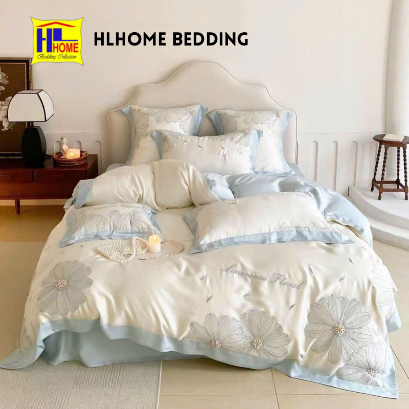 Bộ chăn ga tencel hlhome bedding thêu hoa hồng cao cấp, mát mịn