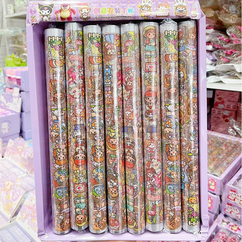 Cuộn Sticker Gấu Dâu, Kuromi, Bé Gái Nhiều Hình Cute Cho Bé