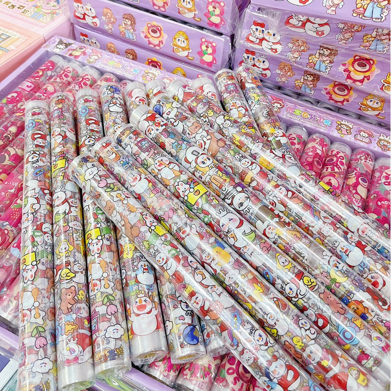 Cuộn Sticker Gấu Dâu, Kuromi, Bé Gái Nhiều Hình Cute Cho Bé