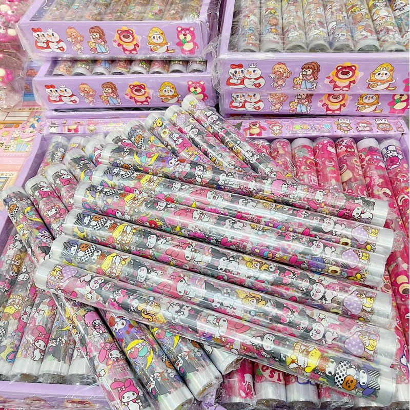 Cuộn Sticker Gấu Dâu, Kuromi, Bé Gái Nhiều Hình Cute Cho Bé