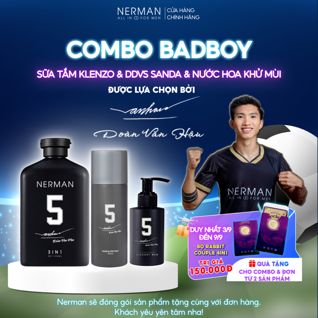 Combo Badboy Nerman - Sữa tắm gội 3in1 hương nước hoa cao cấp 350ml & Gel vệ sinh nam 100ml & Nước hoa khử mùi 100m