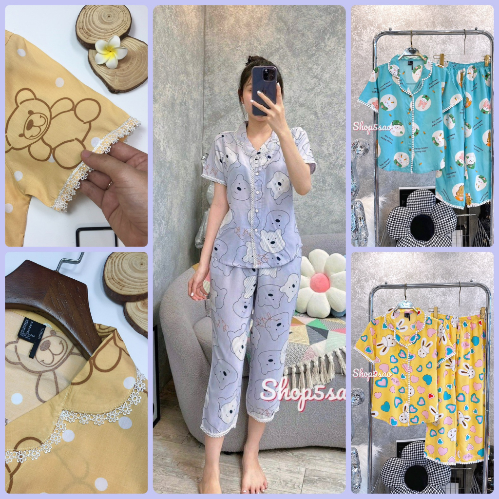 Đồ bộ tole lanh nữ mặc nhà Pijama, quần 8 tấc, áo phối ren F21 VNXK SHOP5SAO (43-75kg)