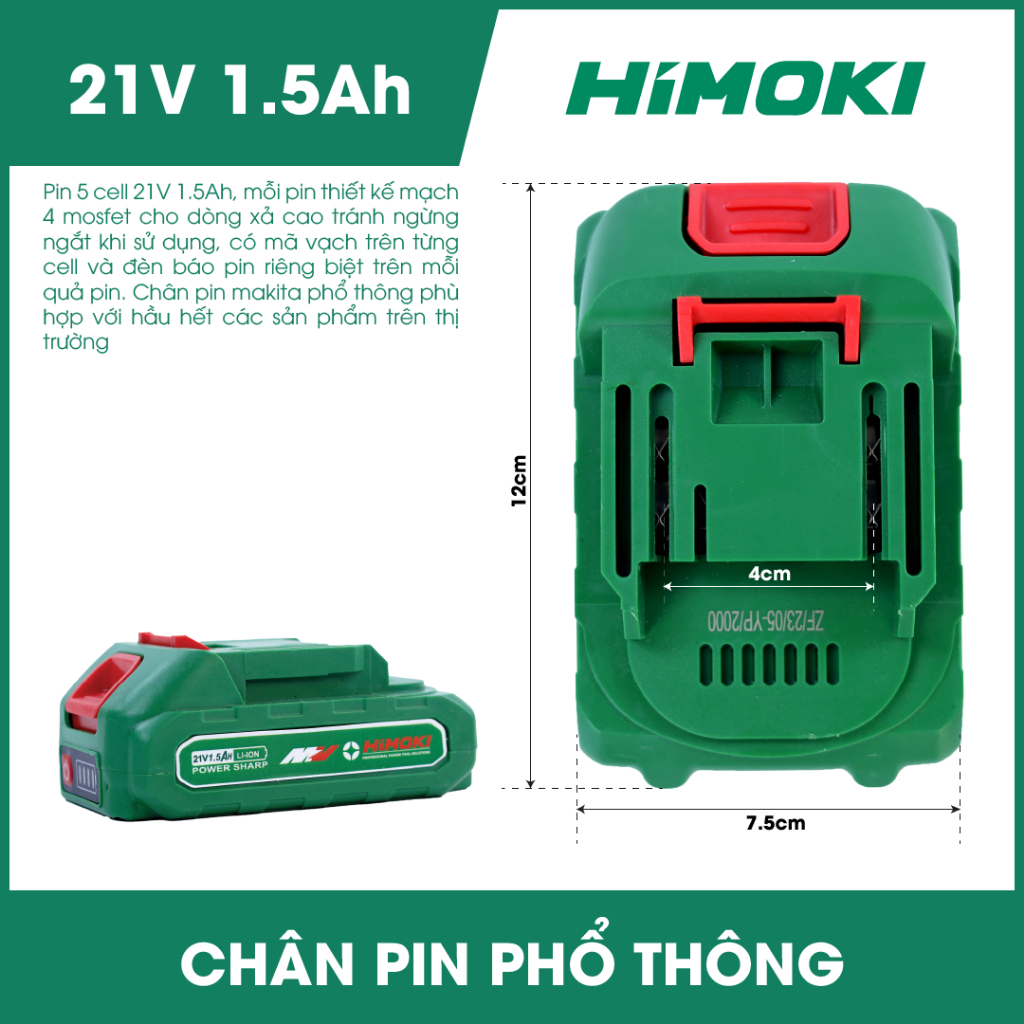 Pin Himoki 5 Cell Mạch 4 mosfet có đèn báo pin - Pin máy khoan, máy mài, máy siết chân pin phổ thông bảo hành 6 tháng