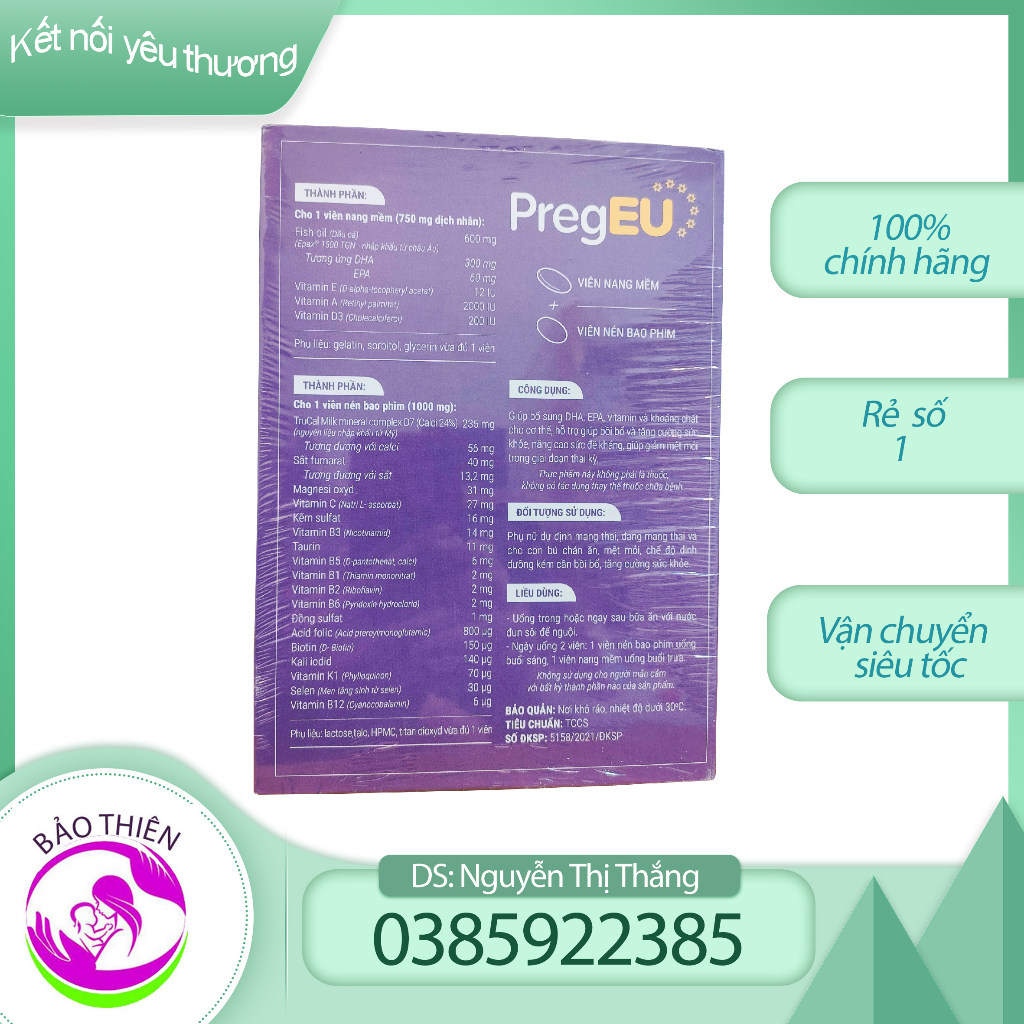 PregEU cung cấp DHA và đa vi chất cho mẹ bầu hộp 2 lọ x 30 viên