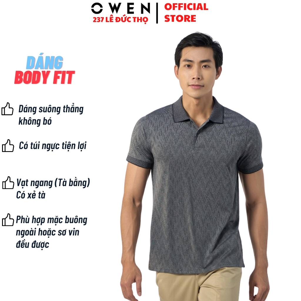 Áo thun polo nam có cổ bẻ OWEN APT231203 phông ngắn dáng dáng body fit màu xám họa tiết vải vải poly cao cấp mềm mát