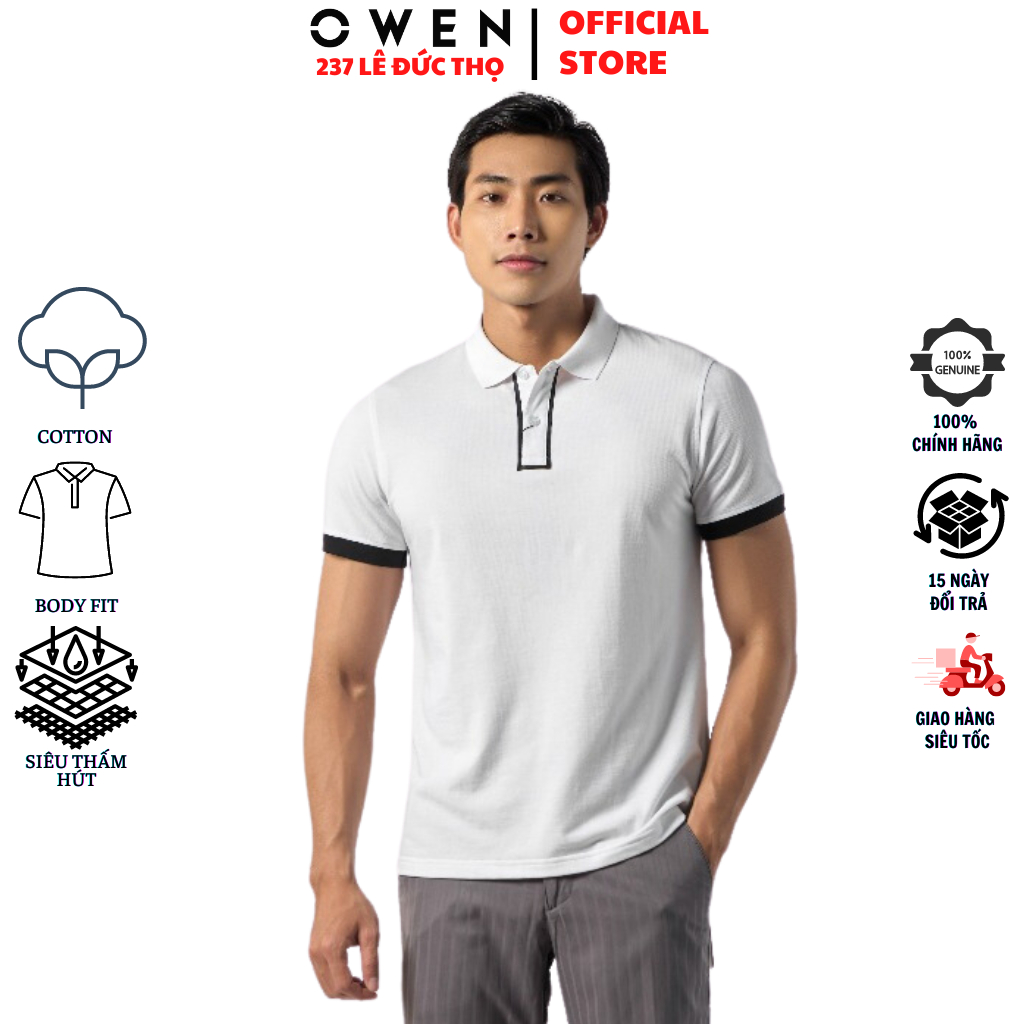 Áo thun polo nam có cổ bẻ OWEN APV231359 phông ngắn dáng dáng body fit màu trắng vải vải cotton cao cấp mềm mát