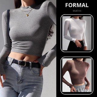 Áo dài tay body cổ tròn dáng lửng màu trơn F48