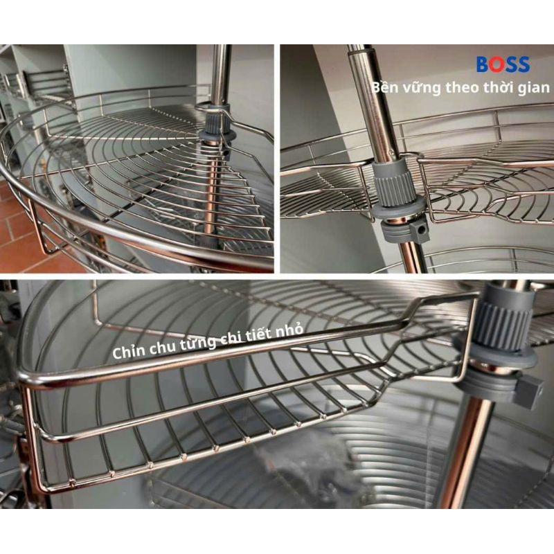 Mâm xoay 2 tầng tủ bếp góc 1/2 và 3/4 inox 304 Boss chính hãng