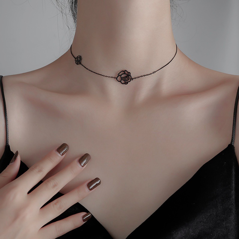 Dây chuyền vòng cổ choker nữ hợp kim bông hồng màu đen phong cách hàn quốc cá tính