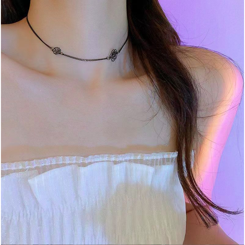 Dây chuyền vòng cổ choker nữ hợp kim bông hồng màu đen phong cách hàn quốc cá tính