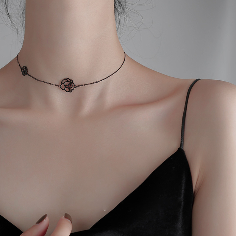 Dây chuyền vòng cổ choker nữ hợp kim bông hồng màu đen phong cách hàn quốc cá tính