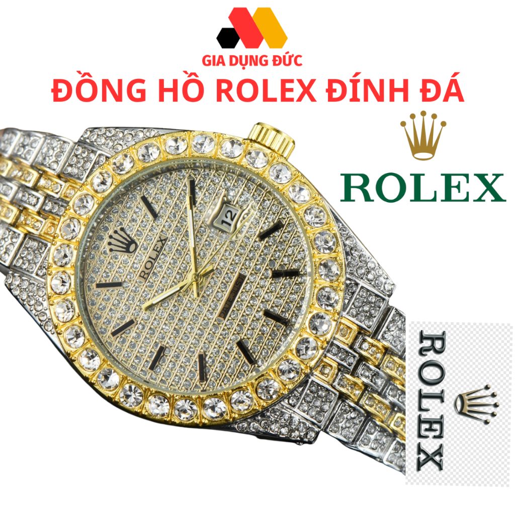 Đồng hồ Rolex ,Đồng hồ Unisex mẫu kim mặt số đính đá, Đồng hồ đính daimond dây kim loại đúc khối kiểu dáng sang trọng bh