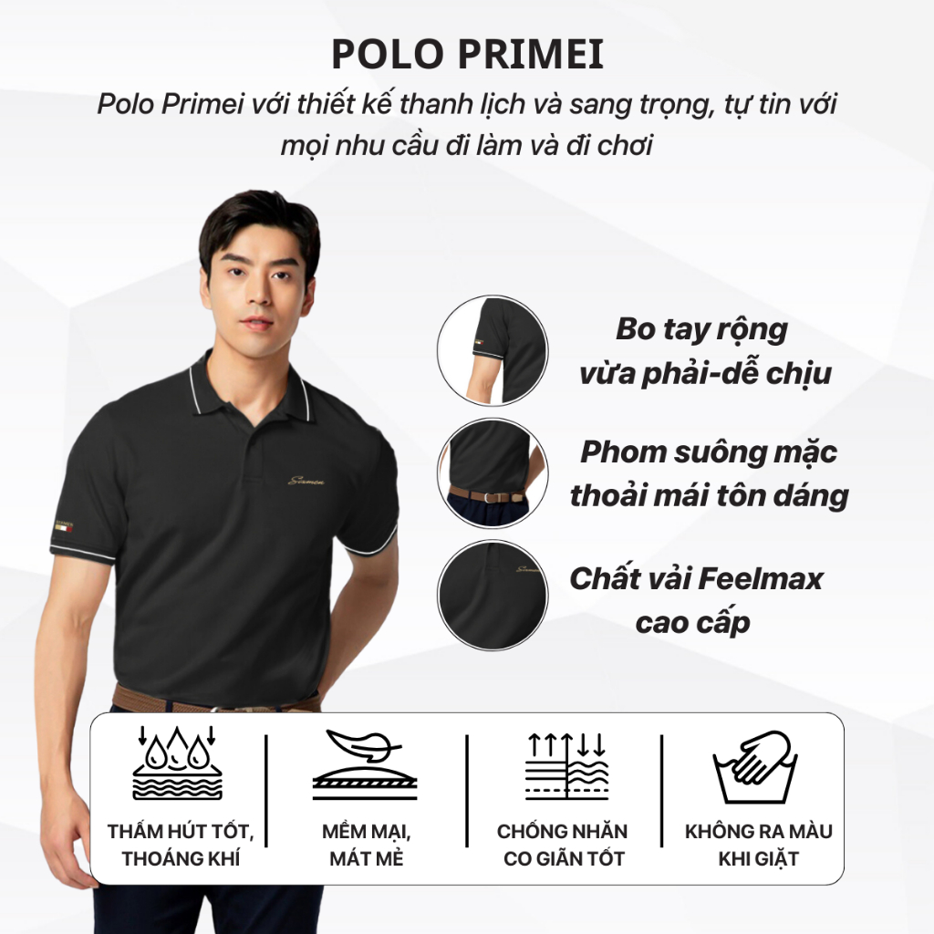Áo polo nam cao cấp có cổ SIXMEN  - PRIMEI Áo polo đen vải cá sấu cotton CVC thoáng mát thanh lịch