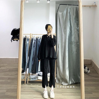 Quần jean nữ ống loe xẻ lưng cao vải bò giấy dáng dài màu đèn trơn cho học sinh M933